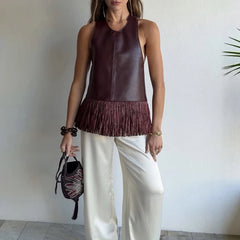 LIZAKOSHT - Women's Elegant O-neck Tassel Splicing Vest Fashion Commute High Waist Summer Tank Tops Casual Street Solid PU Leather Blouses