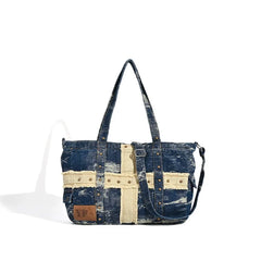 LIZAKOSHT - Washed Denim Women Handbag Luxury Rivet Designer Shoulder Crossbody Bag for Female Large Capacity Shopper Bag big totes