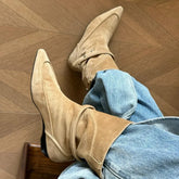 LIZAKOSHT - Winter New Suede Ankle Boots Women Fashion Retro Pointed Toe Belt Buckle Design Wedge Cowboy Boots Botines Para Mujeres