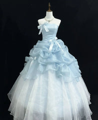 LIZAKOSHT - Light Blue Strapless Ball Gown Satin Bow Decor Ruffled Organza Tiered Tulle Skirt Princess Formal Wedding Party Dress