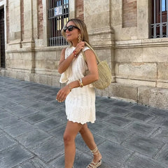 LIZAKOSHT - Boho Beach Crochet Knit Lace Dress Sets for Women Vintage Casual Sleeveless O-neck Tops Ruffles Mini Skirts Suit Dresses