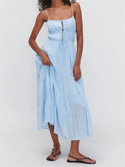 LIZAKOSHT - Women Summer Sleeveless Sling Dress Casual Solid Front Tie-up Ruffles A-Line Party Dress Vacation Cocktail Streetwear