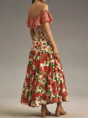 LIZAKOSHT - Women Ruffles Slash Neck Off-shoulder Long Dress Sleeveless Striped Fruit Flower Print Cocktail Dress Summer Vestidos