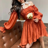 LIZAKOSHT - Women Slim Waist Ball Gown Swing Full Sleeve Low Chest Robe Sexy Wood ears Ruched Bra Corset style Off Shoulder Mini Dress