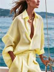 LIZAKOSHT - Fashion Women's Shirt Lapel Blouses Elegant Simple Button Cotton Linen Casual Basic Vintage Yellow Tops for Female