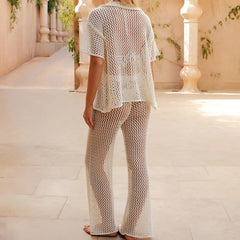 LIZAKOSHT - Beach Knitted Button Lapel Long Sleeve Blouse Tops+Pant Set Fashion Flip Collar Vacation Outfits 2025 Solid See-through Suit