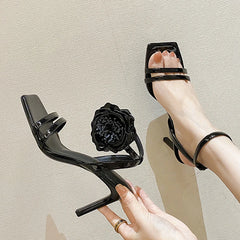 LIZAKOSHT  -  Summer Fashion Wine Red Patent Leather Flowers Ankle Strap Sandals Women Square Toe Gladiator High Heels Party Dress Shoes