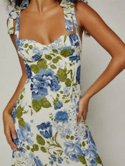 LIZAKOSHT - Women Tide Bow Strap Midi Dress Corset Style A line Sleeveless Beach Holiday Robe Retro French Style White Blue Flower Print