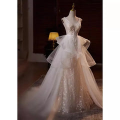 LIZAKOSHT - Elegant Real Picture Luxury Wedding Dresses With Tulle Train V Neck Sequined Applique Bridal Gowns Women Evening Formal Wear