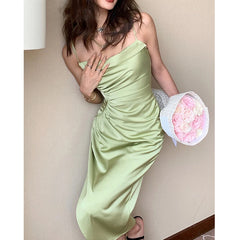LIZAKOSHT - Sexy Women's Summer Satin Nightdress Split Stacked Ladies Nightgown French Style Backless Spaghetti Strap Dress For Female