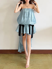 LIZAKOSHT - Tulle Bow Asymmetrical Hem Sheer Mesh Co-Ord Summer Date Gallery Banquet Lady Women Dreamy Gothic Soft Matching Vestido