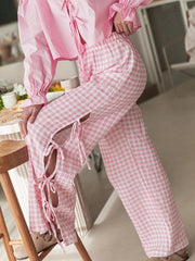 LIZAKOSHT - Women Wide-Leg Pants Plaid/Striped Side Tie-Up Pockets Elastic Waist Loose Trousers Spring Summer Casual Sweatpants Streetwear