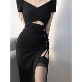 LIZAKOSHT - Black Sexy Dresses For Women Vestidos De Mujer Short Sleeve Hollow Out Korean Robe Femme Fashion Split Tunic Summer Dress