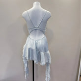 LIZAKOSHT - Vintage Nightgowns Women's Sleepwear Swinging Lace Splicing Suspender Nightdress Irregular Design Thin Satin Dress Dream Blue