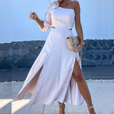 LIZAKOSHT - Sexy Cold Shoulder Flower Solid A-line Dress Elegant Spring Puff Sleeve Split Long Dress Women 2024 Waist Hollow Party Dress