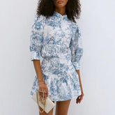 LIZAKOSHT - Chic Summer Women Stand Collar Flowers Printed Shirt Short Sleeved Floral Blouses Slim Fit Tops + A-Line Pleated Skirt 2Pcs Set