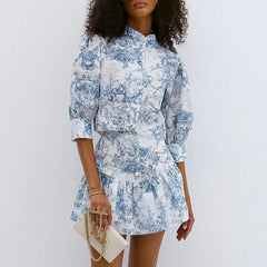 LIZAKOSHT - Chic Summer Women Stand Collar Flowers Printed Shirt Short Sleeved Floral Blouses Slim Fit Tops + A-Line Pleated Skirt 2Pcs Set