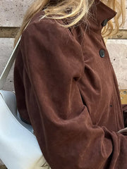 LIZAKOSHT  -  Retro Brown Suede Short Jacket Elegant Women Stand Collar Full Sleeves Single Breasteds Loose Coats Autumn Chic Lady Street Wear