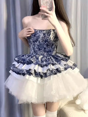 LIZAKOSHT - Lolita Skirt Retro Blooming Printing Heavy Industry Design Sense Waistcoat Straps Tulle Pettiskirt Season Dress