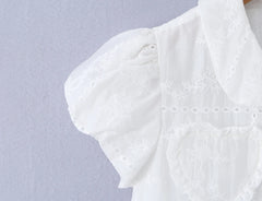 LIZAKOSHT - Sweet White Embroidery Hollow out Flower Lace Short Puff Sleeve Shirt Women Peter Pan Collar Lacing Up Tie Bow Front Crop Tops