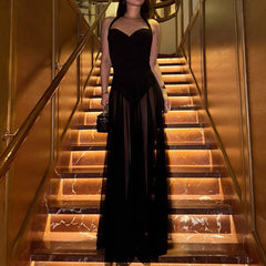 LIZAKOSHT - Elegant Women's Clothing Halter Low Cut Mesh Patchwork Sleeveless Backless Tight Long Dresses Folds High Waist Club Vestidos