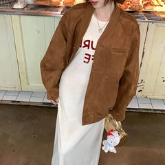 LIZAKOSHT - Vintage Brown Bomber Jackets Women Autumn Single Breasted Full Sleeve Female Coats Fashion Streetwear Office Baseball Outerwears