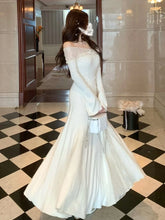 LIZAKOSHT - Elegant Solid Mermaid Maxi Dress for Women Autumn Off Shoulder Flare Sleeve Bodycon Vestidos Vintage Chic Evening Party Robe