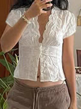 LIZAKOSHT - Cute Button Up Blouses Y2K Deep V-neck Slim Women's Tee Shirts Korean Style Sweet Short Sleeves Crop Clothes