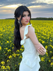 LIZAKOSHT  -  Women Fashion Ruffle Square Neck Maxi Dress Elegant Solid Sleeveless Split Bodycon Dresses 2024 Summer Female Party Evening Robe