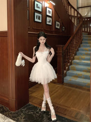 LIZAKOSHT - Sexy and Sweet Birthday Dress for Women Fashion Sleeveless Square Neck Corset Slim Flare Puffy Party Dresses Summer Dress White