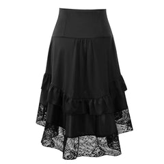 LIZAKOSHT - Fashion Vintage Women Gothic Steampunk Skirt Black Lace Patchwork Button Asymmetrical High Low Retro Midi Skirt