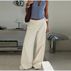 LIZAKOSHT - Street Belt Women Jeans Mid Waist Wide Leg Pockets Loose Female Denim Pants Autumn New Fashion All-match Lady Trousers