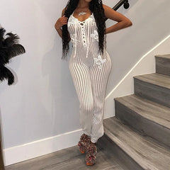 LIZAKOSHT - Knitted Halter High Elasticity See Through Halter Backless Solid Color Floral Appliques Club Street Low Cut Jumpsuit for Women