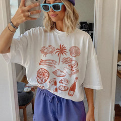 LIZAKOSHT  -  Summer Ocean Coastal Graphic Tees Trendy Retro Aesthetic La Dolce Vita T Shirt Cute Oyster Wine Shirt Beach Vacation Women Tops