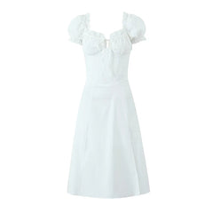 LIZAKOSHT - Sexy Off Shoulder Elegant White Dress For Women Sweet Lace Trim Short Sleeve Female Slit Hem Midi Party Dresses Summer Robe