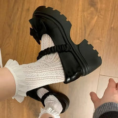 LIZAKOSHT - Chunky Platform High Heels Pumps Women Summer Leather Bow Mary Jane Shoes Woman Thick Heeled Off White Black Lolita Shoes
