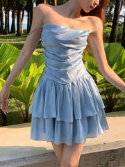 LIZAKOSHT - Solid Ruffles A-line Beach Style Summer Dress Women Sexy Swinging Collar Ruffles Birthday Party Dresses Sweet Pleated Vestidos