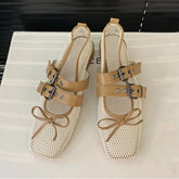 LIZAKOSHT - Fashions Mesh Ballet Flat Shoes Women Belt Buckle Square Toe Loafers New Casual Comfy Hollow Bow Designer Mary Jane Pumps