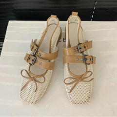 LIZAKOSHT - Fashions Mesh Ballet Flat Shoes Women Belt Buckle Square Toe Loafers New Casual Comfy Hollow Bow Designer Mary Jane Pumps