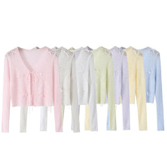 LIZAKOSHT - 7 colors CHIC Front Lacing up Knitted Bow Cardigan V neck Girl's Spring Summer Thin Sweater Full Sleeve Short Jumper Knitwear