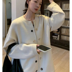 LIZAKOSHT  -  Female Autumn Winter Tops Coat Sweater Cardigan Knit Single Breasted Round Neck Retro Simple Design  New Soft Minority Versatile