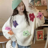 LIZAKOSHT - 3D Floral Sweet Knit Sweater Women Loose Casual Lazy Wind Cute Long Sleeve Pullovers French Fall Winter Solid O Neck Jumpers New