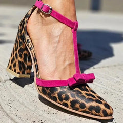 LIZAKOSHT - Summer High Heel Sandals Women Fashion Leopard Pattern Color blocked Butterfly Knot Buckle with Thick Heel Women's Single Shoes