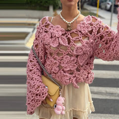 LIZAKOSHT - Knit Flower Pink Women's Sweater Autumn Hollow Out V-neck Long Sleeve Female Pullover 2025 Fashion Thin Lady Loose Knitwear