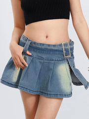 LIZAKOSHT - Retro Low waist Denim Mini Skirts Women's Short A-Line Pleated Skirt with Belt Streetwear Aesthetic Clothes Jeans Skirt