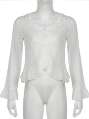 LIZAKOSHT - White Long Sleeve Tees Aesthetic Streetwear Tops Y2k Elegant Women Irregular Hem Shirt Female Grunge Fairycore Coquette