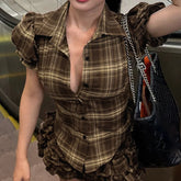 LIZAKOSHT - Back Shirred Plaid Blouse Brown French Style Turn-down Collar Single-breasted Shirts Vintage Puff Short Sleeve Tops