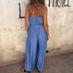 LIZAKOSHT - Spring Summer Sleeveless Boho Jumpsuits Women U Neck Button Pocket Sling Playsuit Summer Backless Wide Leg Pants Romper Overalls