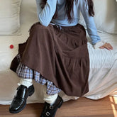 LIZAKOSHT - Corduroy Vintage Long Skirt Japanese Preppy Plaid Patchwork High Waist Women Skirts Harajuku Retro Loose Casual Sweet Cake Skirt