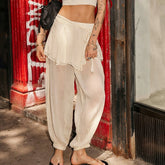 LIZAKOSHT - Women's Long Bloomers Layered Skirted Pants with Belt Tied Sheer Balloom Mid Rise Sheer Slips Bubble Culottes Bottoms